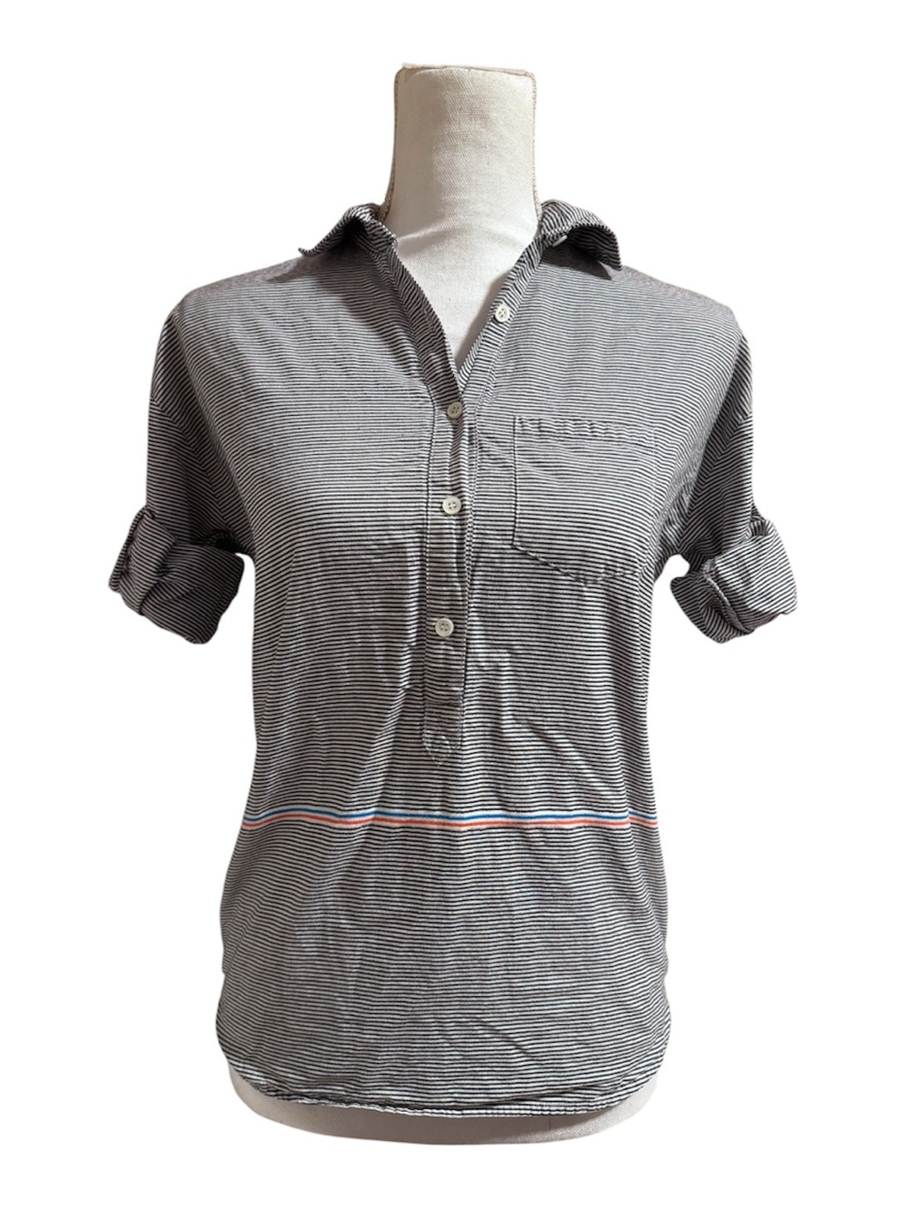 J. Crew Women’s Black and White Striped Half-Placket 3/4 Sleeve Polo - 00